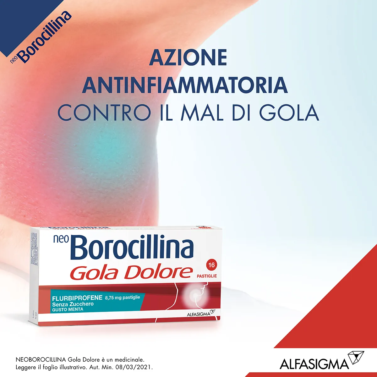 Neo Borocillina Gola Dolore 8,75 mg Menta Senza Zucchero 16 Pastiglie Dolore e Infiammazione alla Gola