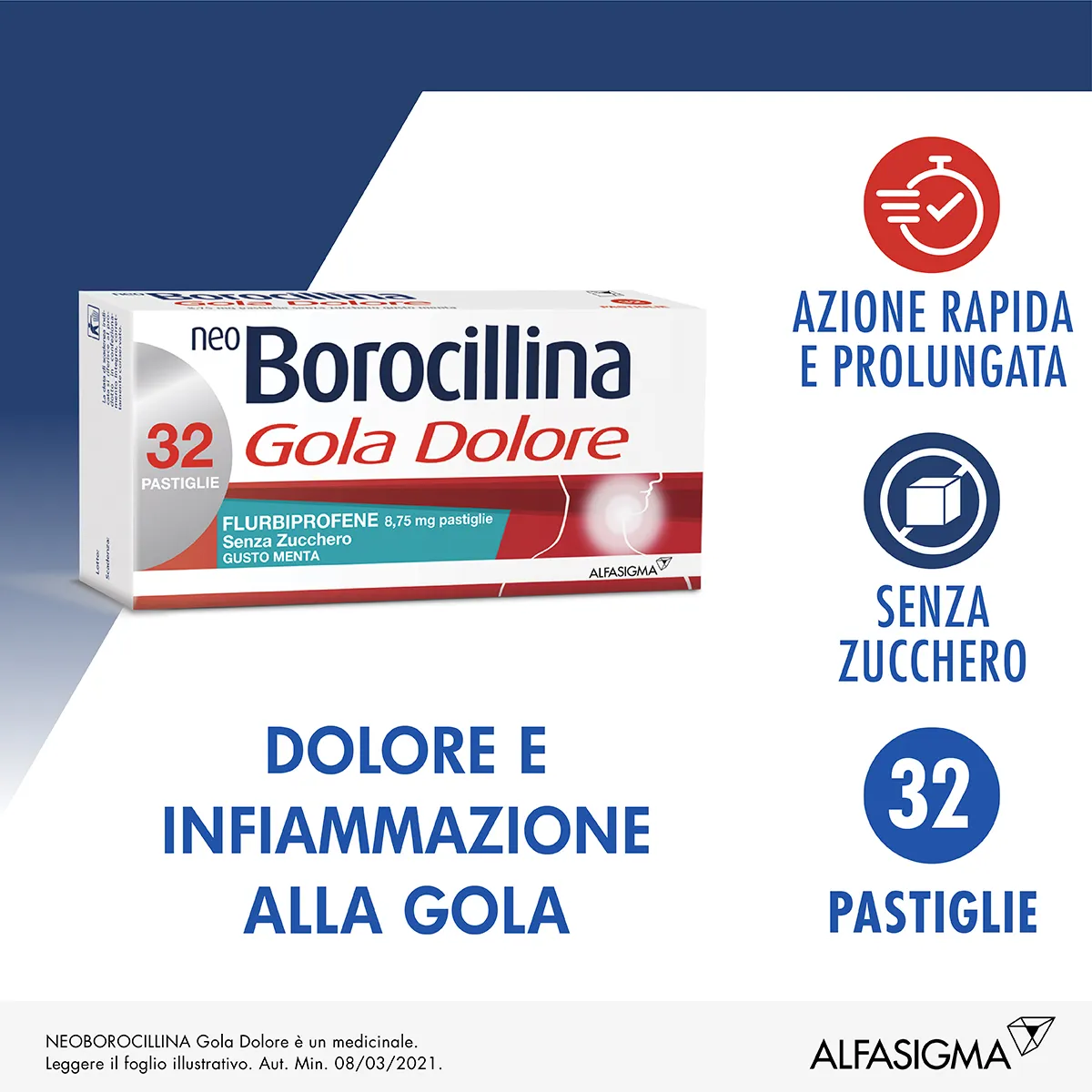 Neo Borocillina Gola Dolore 8,75 mg Menta Senza Zucchero 32 Pastiglie Dolore e Infiammazione alla Gola