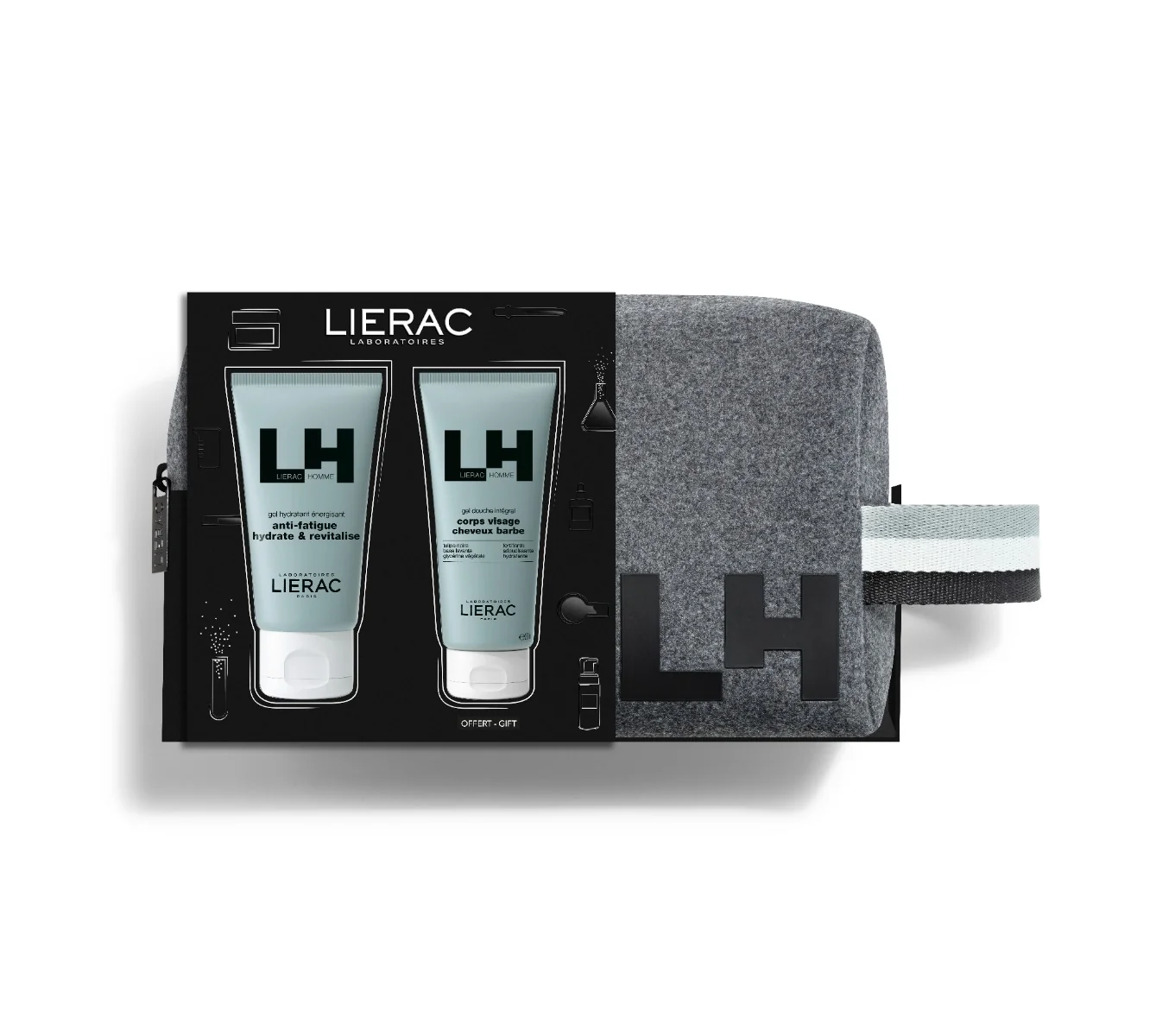 COFANETTO LIERAC HOMME GEL IDRATANTE ENERGIZZANTE + GEL DOCCIA + TROUSSE