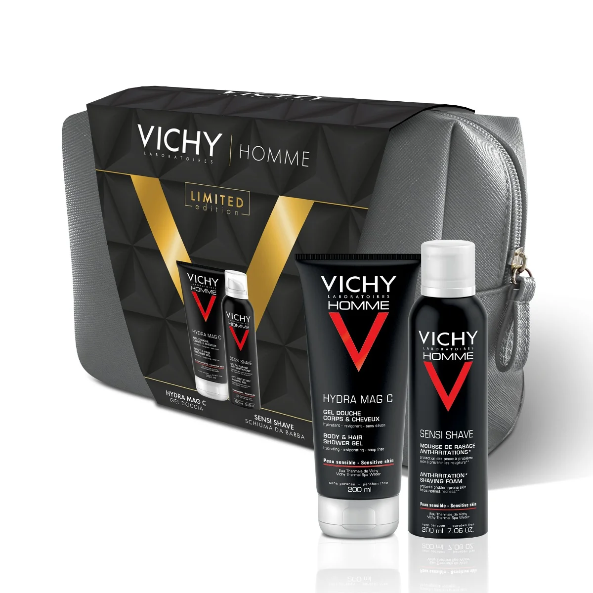 Vichy Pochette Homme Hydra Mag C Gel doccia 200 ml + Sensi shave schiuma da barba 200 ml Kit detersione uomo