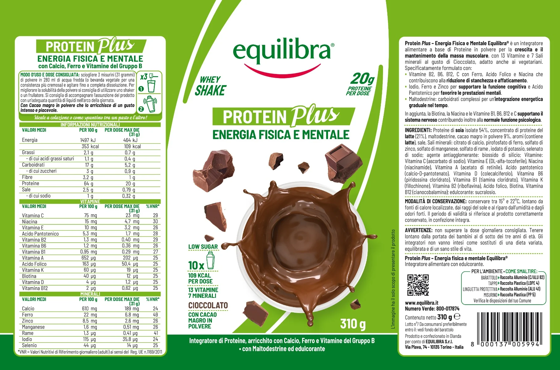 Equilibra Protein Shake Ciocciolato 310 G Proteine