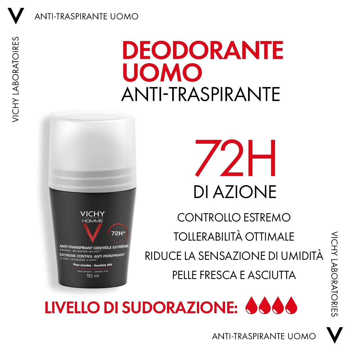 Vichy Homme Deodorante Roll On 72h 50 ml antitraspirante per pelli sensibili