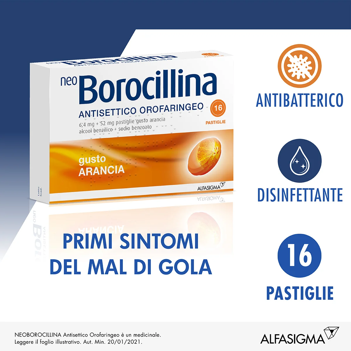 NEO BOROCILLINA ANTISETTICO OROFARINGEO 6,4MG + 52MG ARANCIA 16 PASTIGLIE