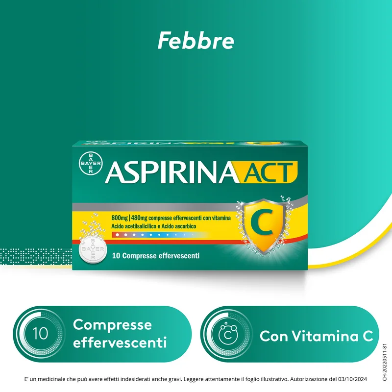 Aspirina Act C Febbre e Sintomi Influenzali 10 Compresse Effervescenti Con vitamina C