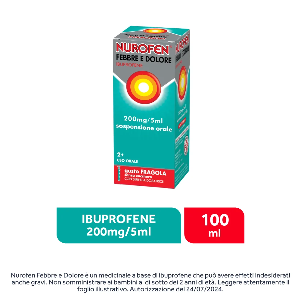 Nurofen Febbre e Dolore 200 mg/5 ml Gusto Fragola 100 ml Bambini e Adulti