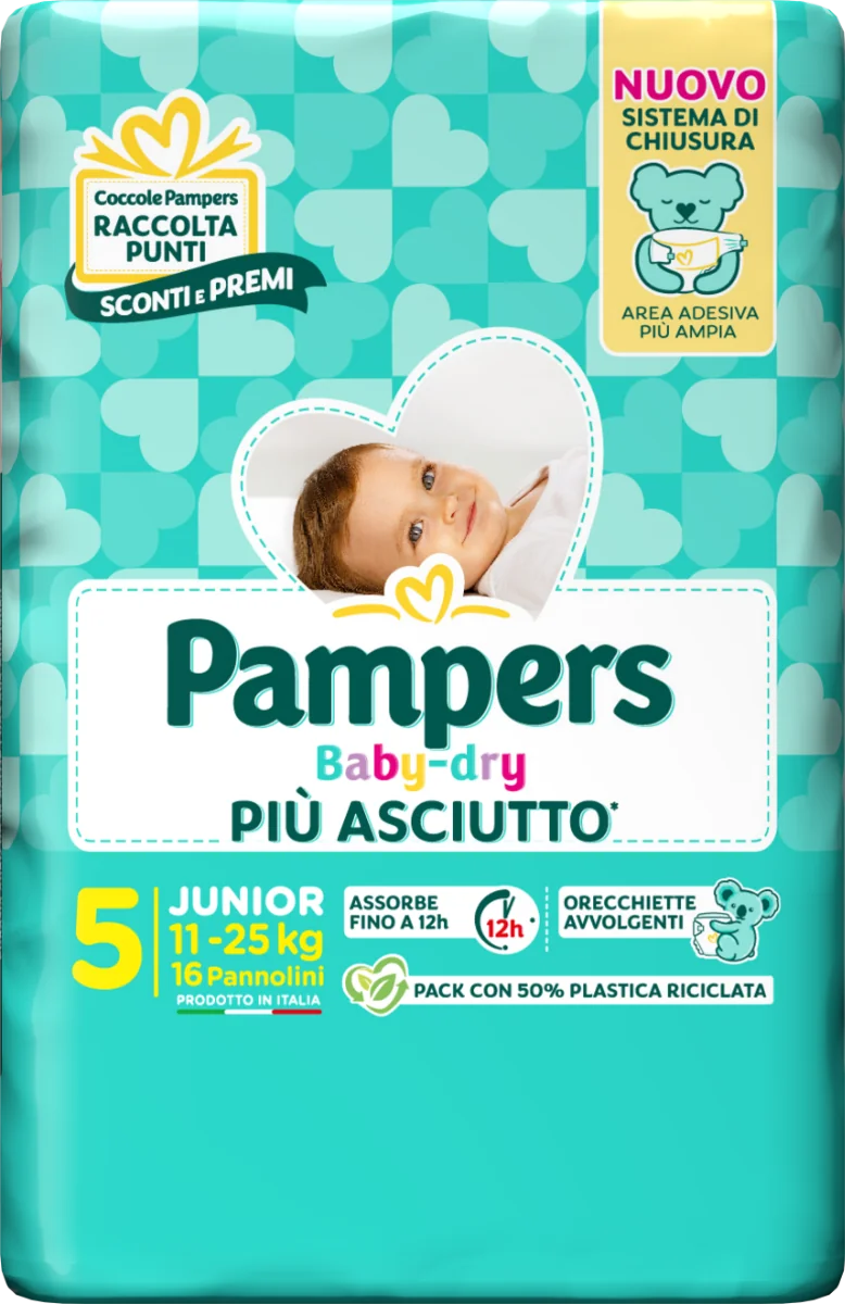 PAMPERS BABY DRY PANNOLINO DOWNCOUNT JUNIOR 16 PEZZI