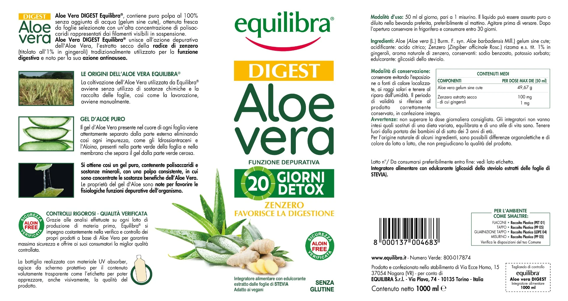 Equilibra Aloe Vera Digest Zenzero 1L Dermatologicamente Testato