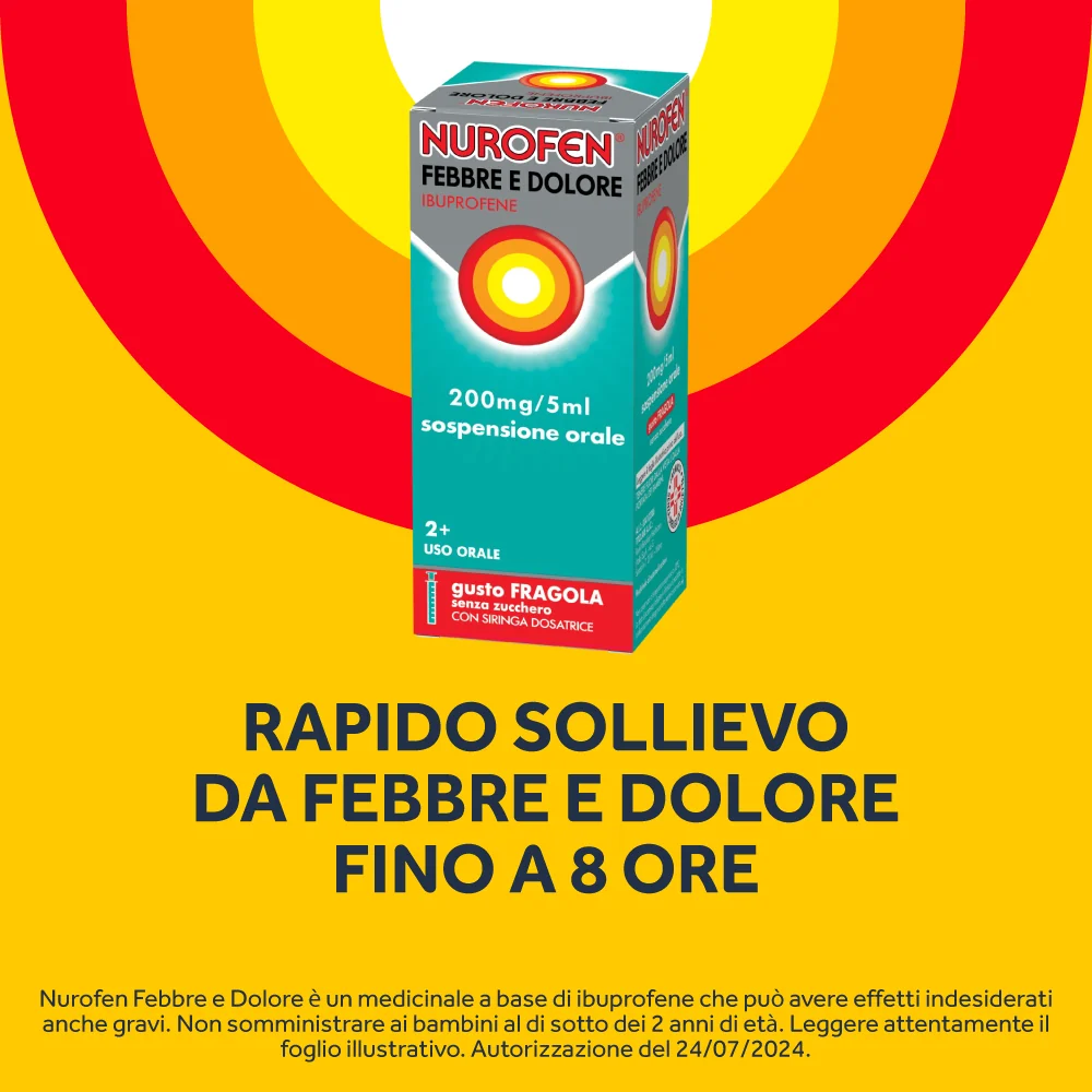 Nurofen Febbre e Dolore 200 mg/5 ml Gusto Fragola 100 ml Bambini e Adulti