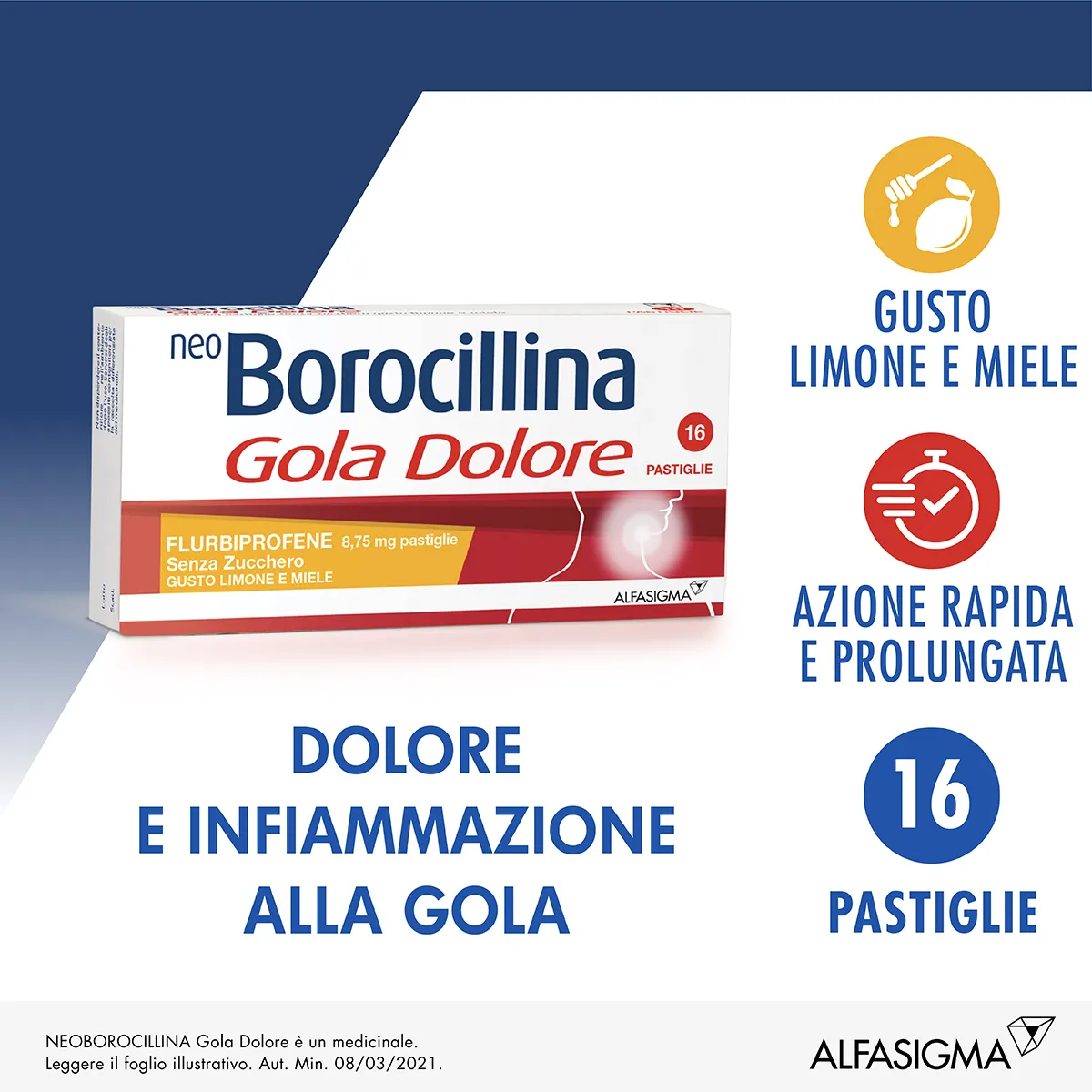 Neo Borocillina Gola Dolore 8,75 mg Limone e Miele 16 Pastiglie Senza Zucchero