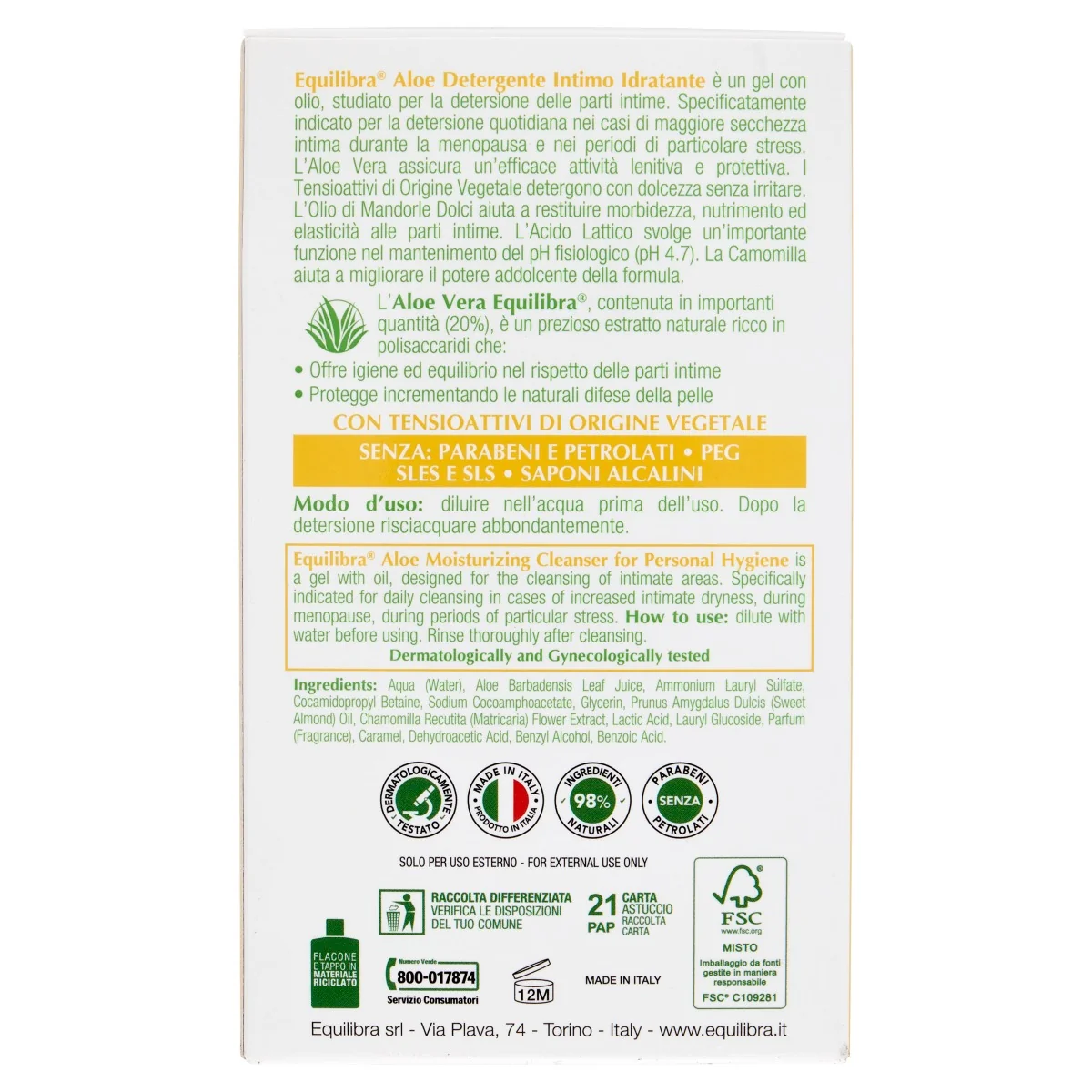 Equilibra Aloe Detergente Intimo Idratante 200 Ml Non Altera il Ph