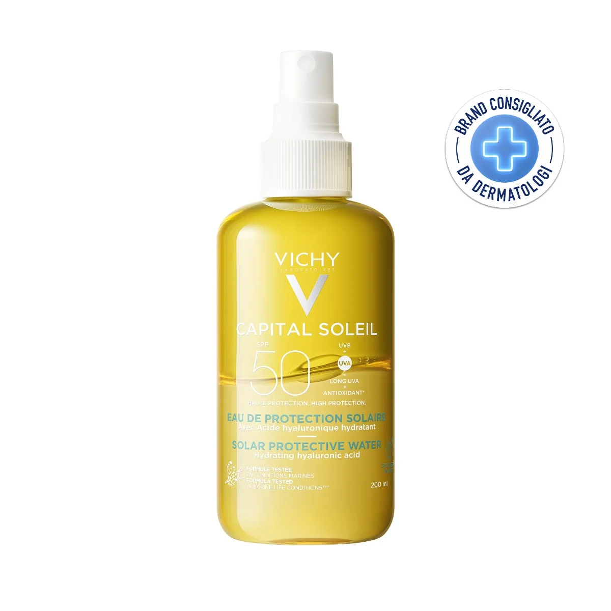 Vichy Capital Soleil Acqua Solare Idratante SPF 50 200 ml con Acido Ialuronico