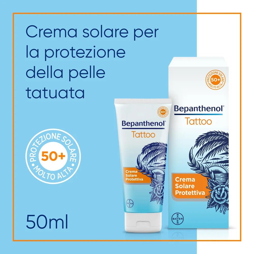 Bepanthenol Tattoo Crema Protezione Solare Molto Alta SPF50+ 50ml Per Tatuaggi