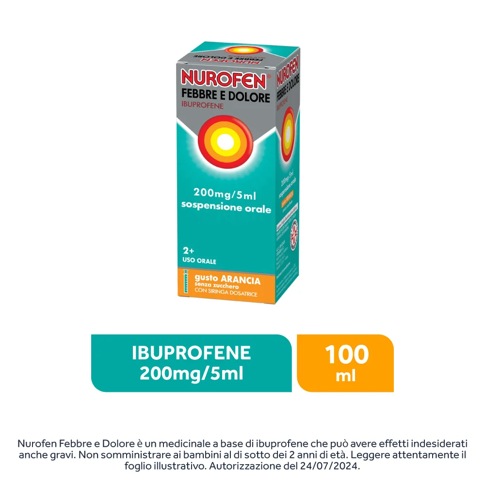 Nurofen Febbre e Dolore 200 mg/5 ml Gusto Arancia Senza Zucchero 100 ml Febbre