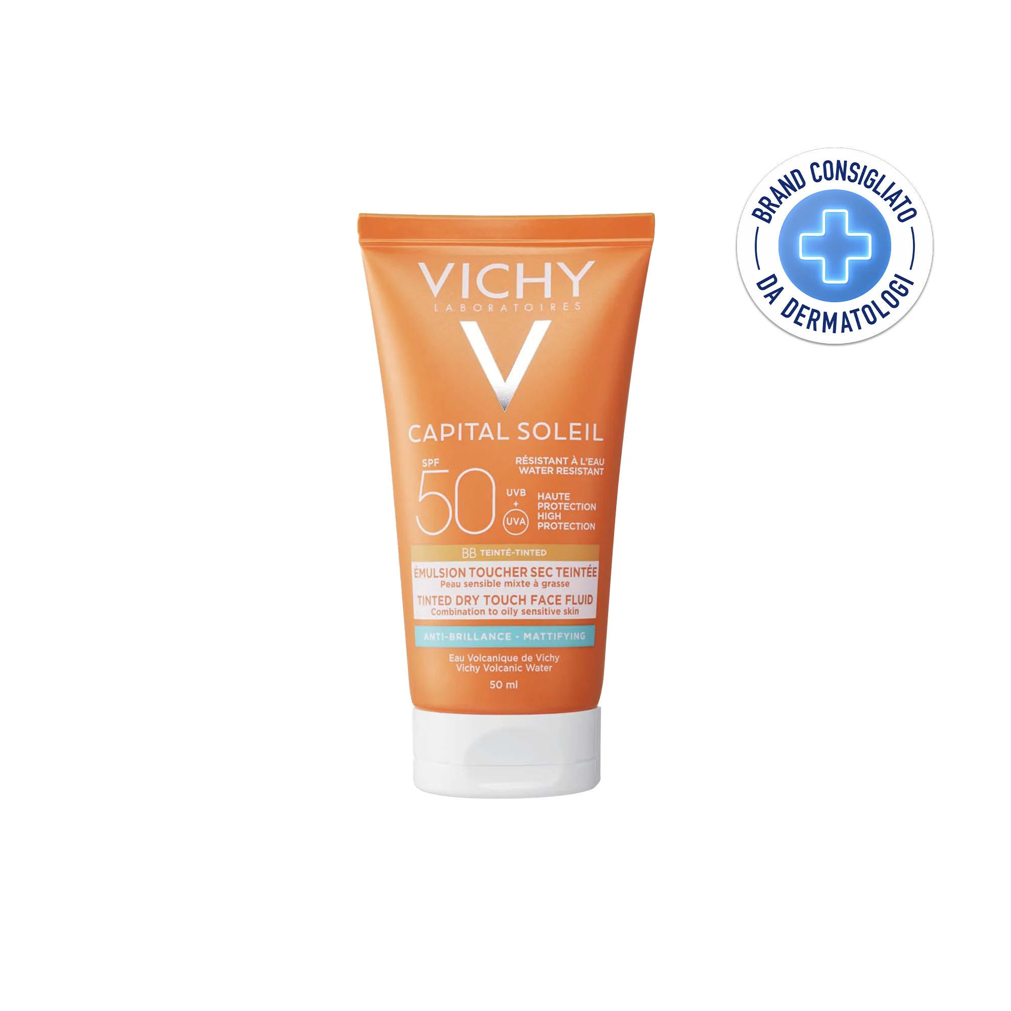 Vichy Capital Soleil BB Emulsione Colorata Effetto Asciutto Mat SPF 50 Protezione Viso 50 ml Per Tutti i Tipi di Pelle