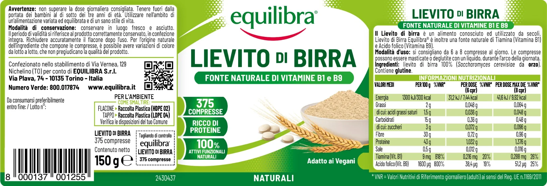 Equilibra Lievito Di Birra 375 Compresse Fonte di Vitamina B1 e B9