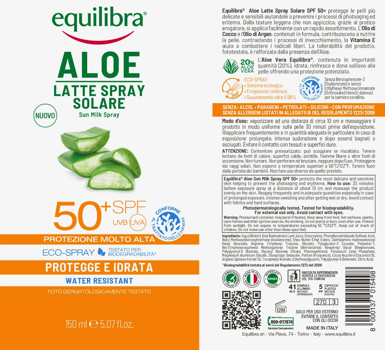 Equilibra Aloe Latte Spray Solare 50+ 150 ml Protezione Solare Alta