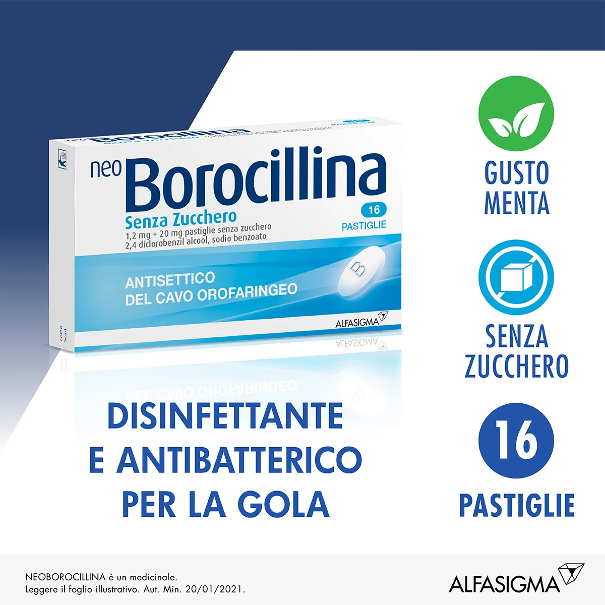 NEOBOROCILLINA SENZA ZUCCHERO 1,2MG + 20MG ANTISETTICO 16 PASTIGLIE