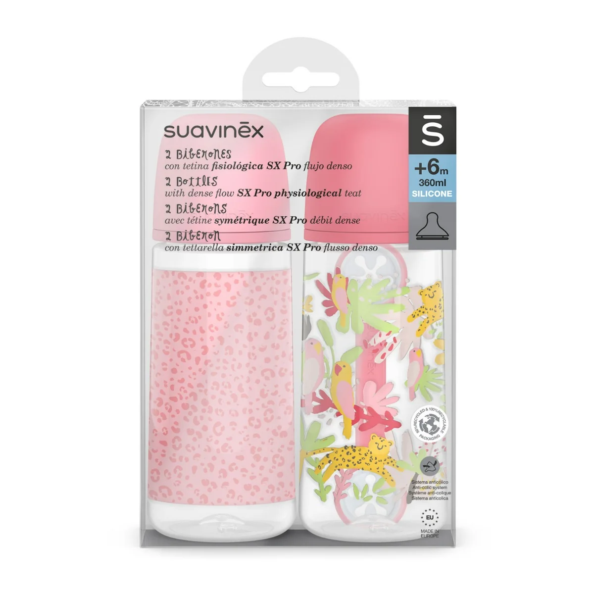 SUAVINEX KIT 2 BIBERON + PORTA BAVAGLINO SX PRO JUNGLE ROSA