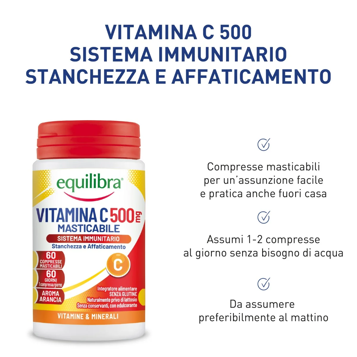 Equilibra Vitamina C 500 mg 60 Compresse Masticabili Integratore per Sistema Immunitario