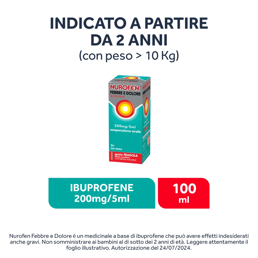 Nurofen Febbre e Dolore 200 mg/5 ml Gusto Fragola 100 ml Bambini e Adulti