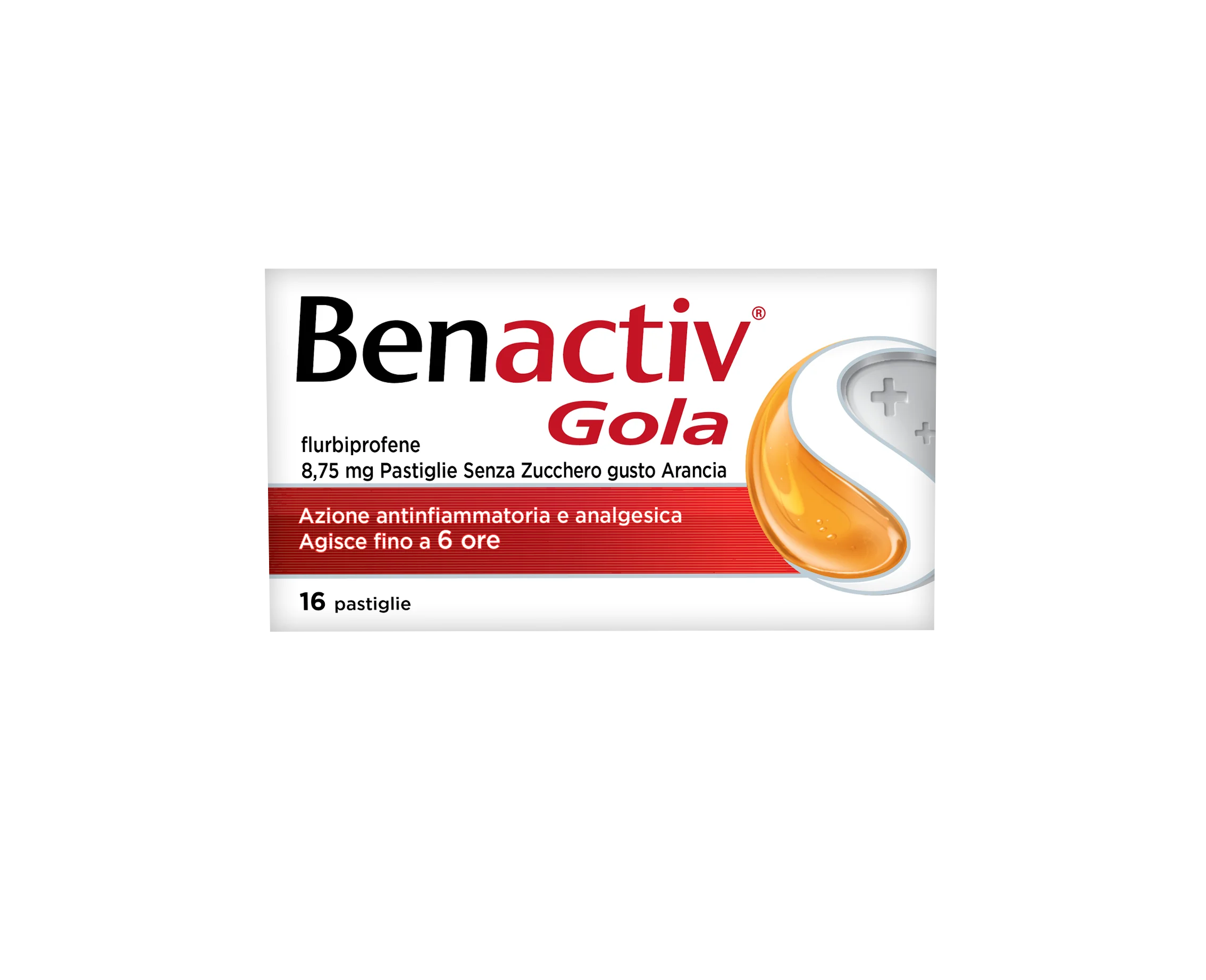 Benactive Gola Gusto Arancia  Senza Zucchero 16 Pastiglie Flurbiprofene per Infiammazione Orofaringea