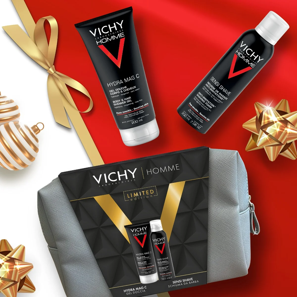 Vichy Pochette Homme Hydra Mag C Gel doccia 200 ml + Sensi shave schiuma da barba 200 ml Kit detersione uomo