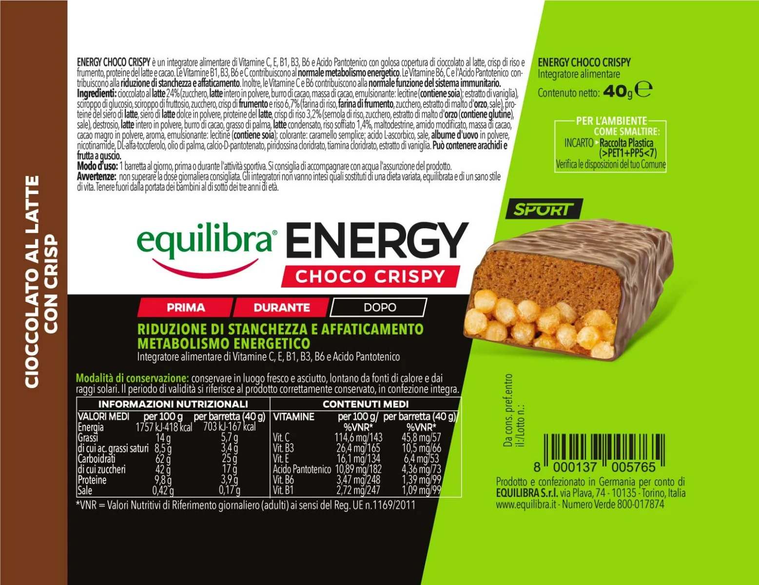 Equilibra Energy Choco Crispy 40 G Multivitaminico in Barretta