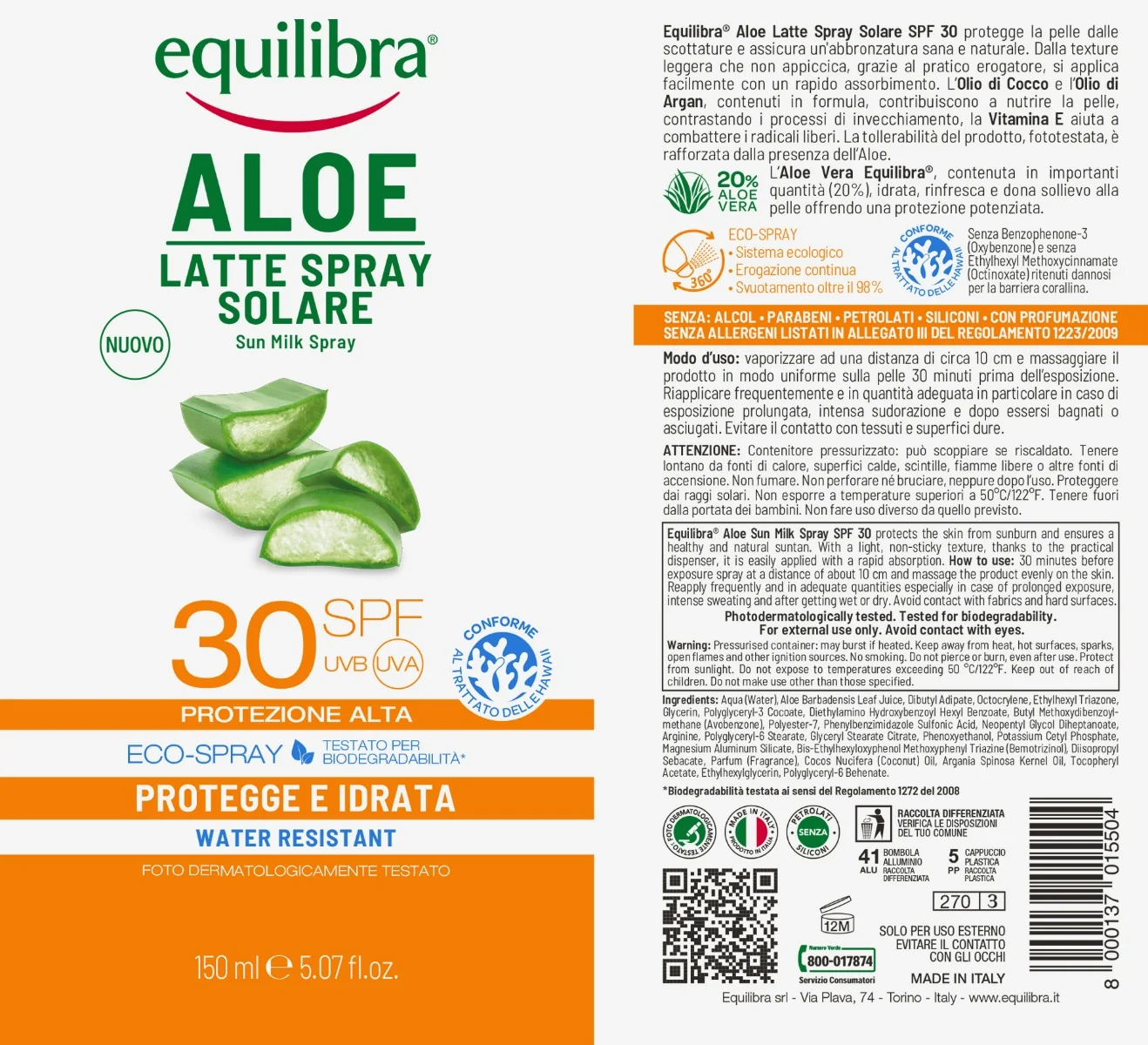 Equilibra Aloe Latte Spray Solare SPF 30 150 ml Protezione Solare