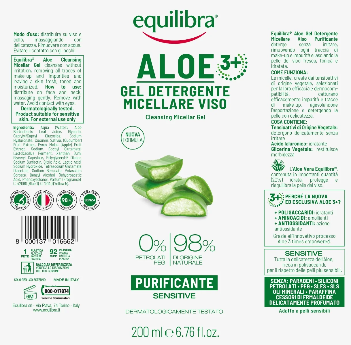 Equilibra Aloe Detergente Micellare Viso 200 Ml Detersione Quotidiana Pelle Sensibile