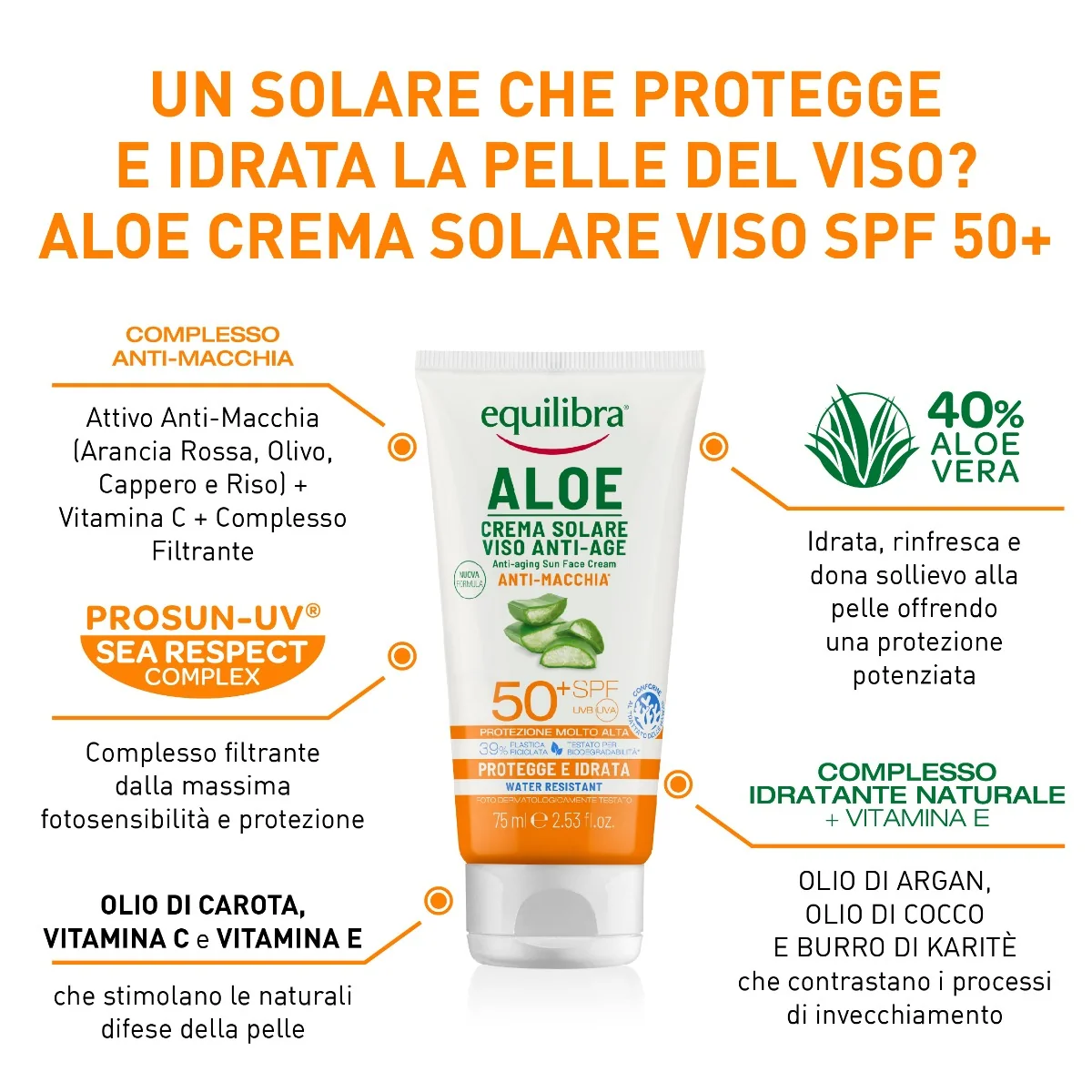 Equilibra Crema Solare Viso 50 + Antimacchia 75 ml Azione Anti-age